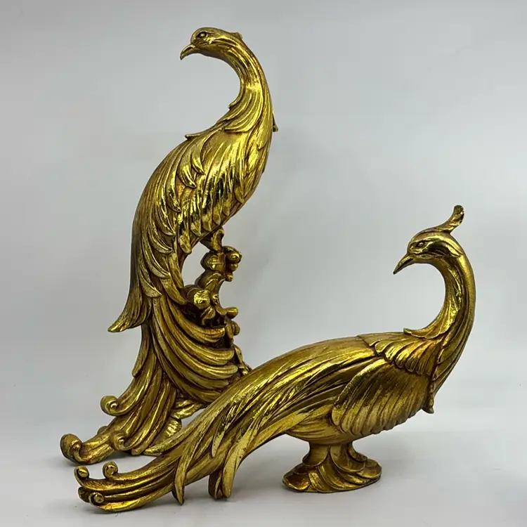 Mid Century Syroco Gold Peacock Pheasant Figures 13H 11.5W