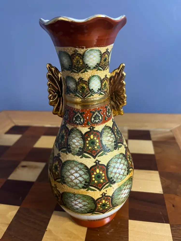 Vintage Porcelain Cloisonné Decorative Vase with Gold Wings Green / Red Floral-8”