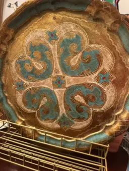Vintage Italian Florentine Wood Tray Green Gold 11 " Round Gilt Toleware
