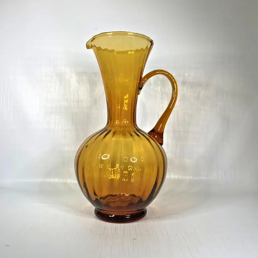 Optic Honey Amber Glass Pitcher Hand Blown Long Neck Vintage Mid Century