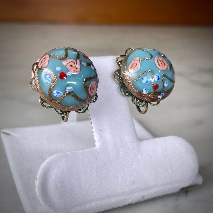 Vintage Blue Wedding Cake Venetian Art Glass Clip On Earrings