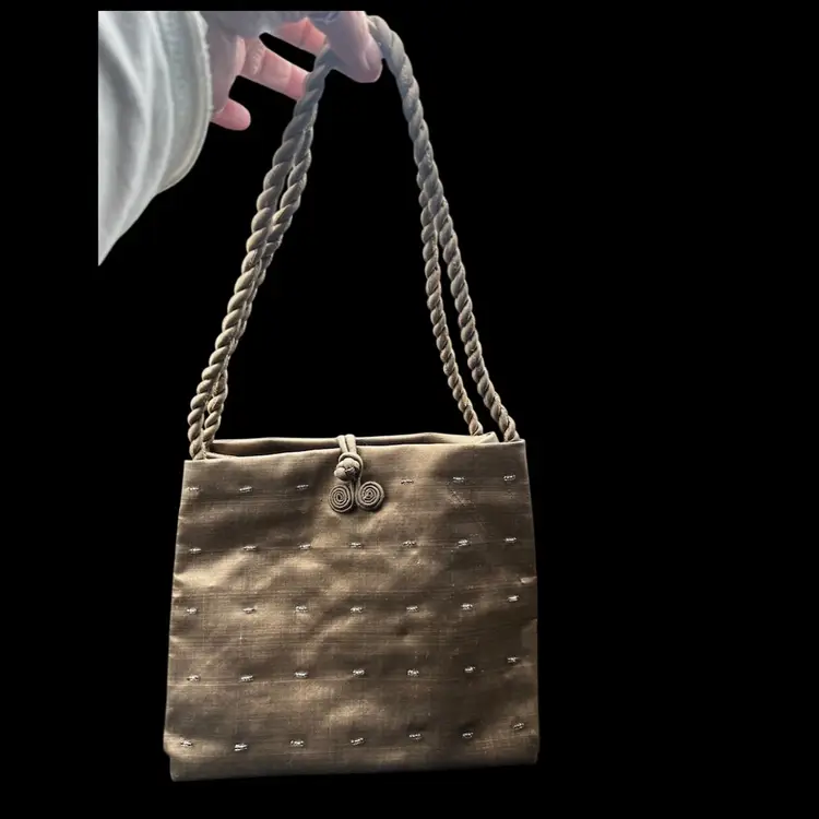 #339B Brown Silk Blend Handbag With Seed Bead Accents, A Knotted Button Closure And Twisted Rope Handles. NWOT