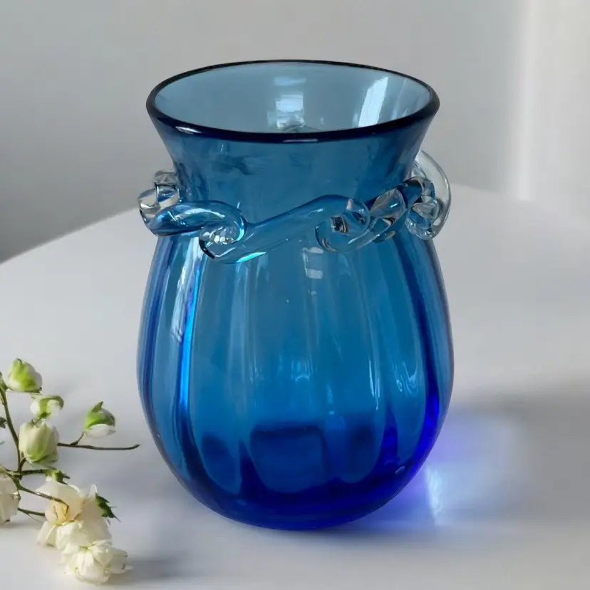 Vintage Pilgrim Glass Hand Blown Paneled Vase Swirled Trim Blue Cobalt 3.75”