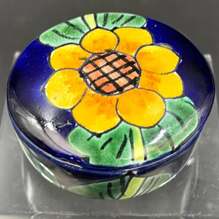 Vintage Handmade Hand Painted Talavera Mexico, Red Clay Pottery Trinket Box With with lid and Bold Sunflower