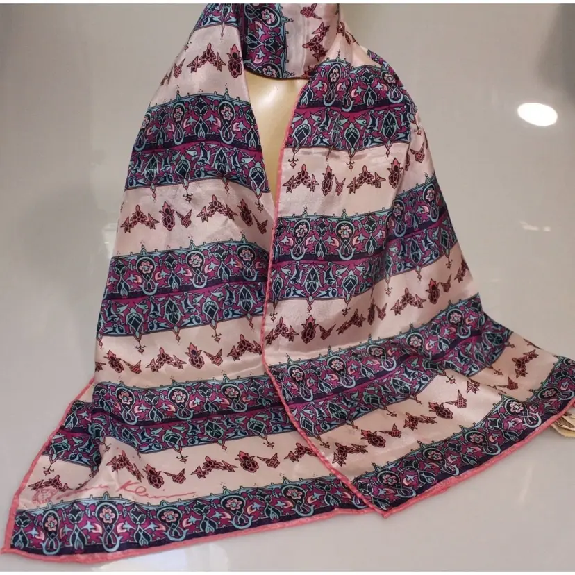 NWT Anne Klein Pink Purple Arabesque Oblong Silk Scarf, Hand Rolled 1980s Vintage