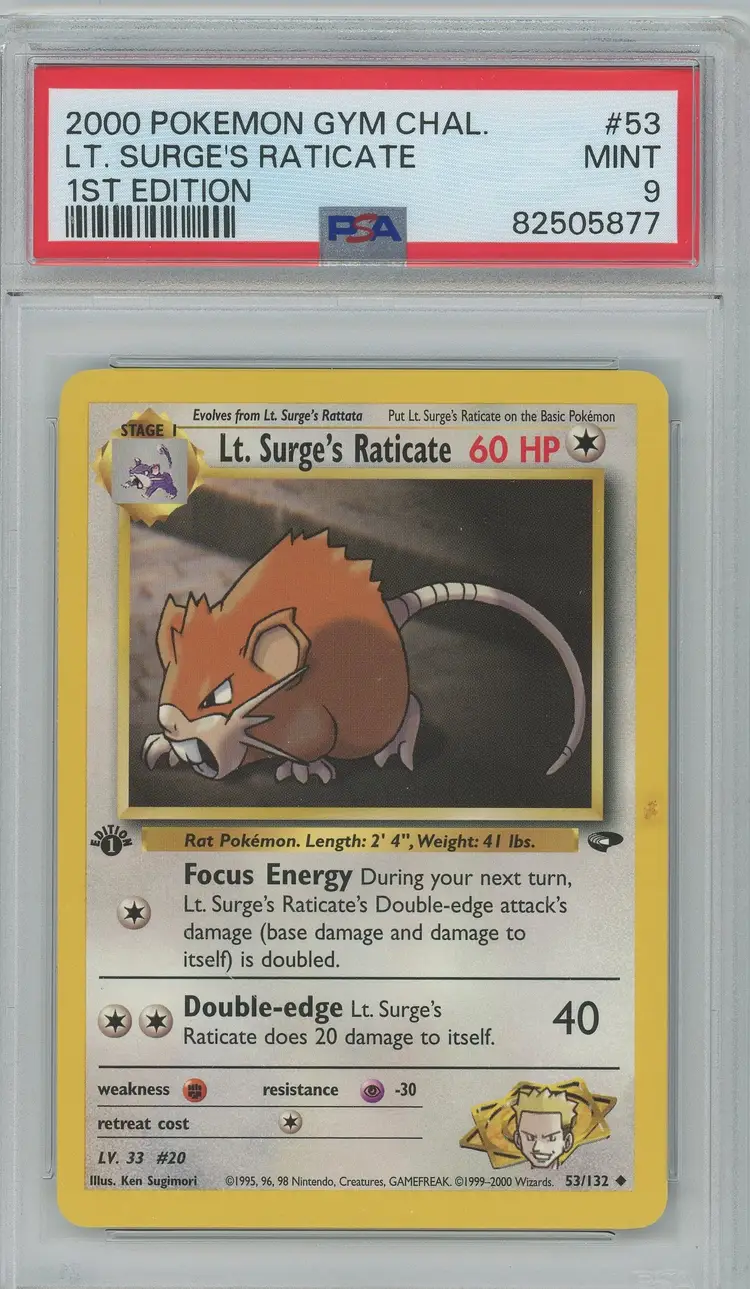 Pokémon 2000 Gym Challenge 1st Edition Lt. Surge's Raticate 53/132 PSA 9