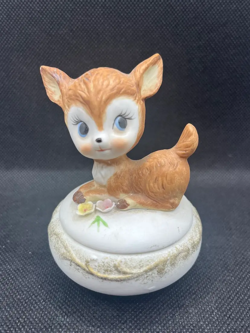 Vintage Ceramic Deer Fawn Lidded Trinket Box Hand Painted Floral Kitsch Doe Eyed