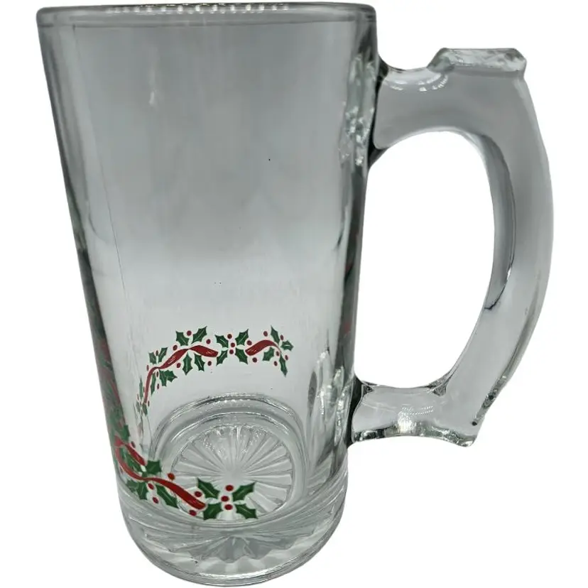 Libbey Clear Glass Christmas Mug with Holly Motif