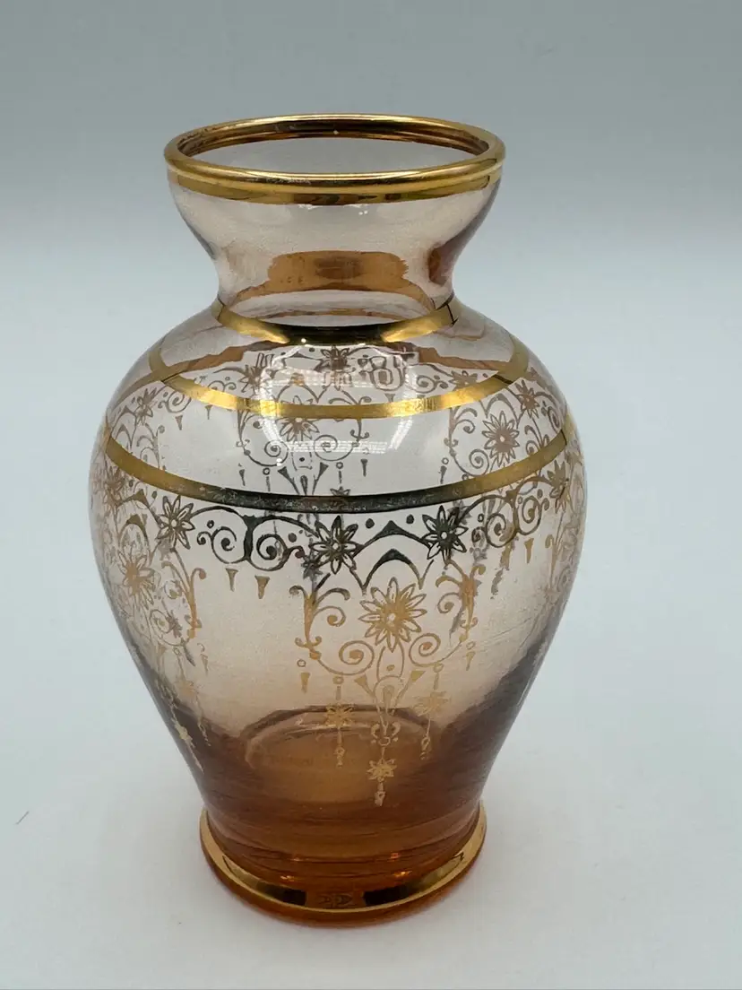 #14. Vintage Murano Vecchia Small Vase Amber Chandelier Pattern 24K Gold Gilt 4.25" Height
