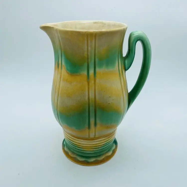 #2110 Beswick Ware England Vintage Green Yellow Pottery Jug Pitcher Art Deco 718