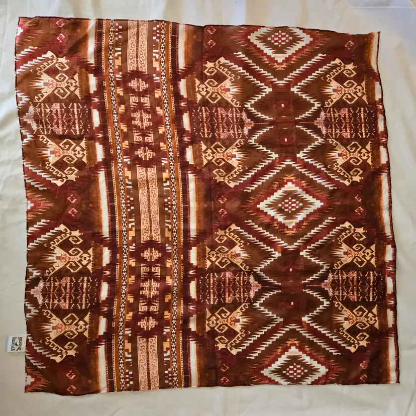 Wyoming Traders Wild Rag Aztec Print Brown / White 100% Silk Scarf - 33¼" Square Approximately