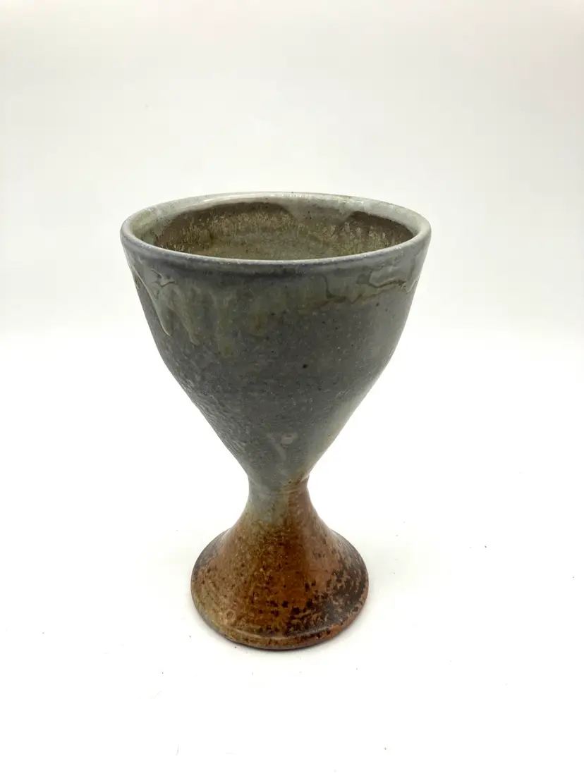 BIN - Green And Tan Studio Pottery Goblet Wine Glass Signed Jim 7”
