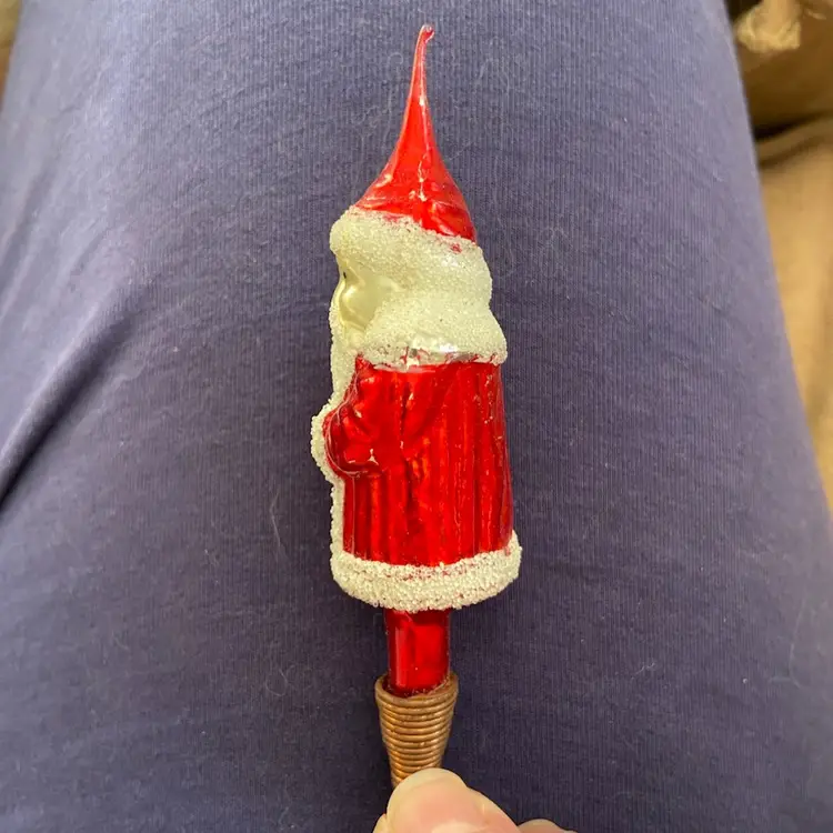 Vintage, Hand-Blown (Mercury ?) Glass, Santa Clip Ornament, Christmas. 4.5”h x 1.25”w.