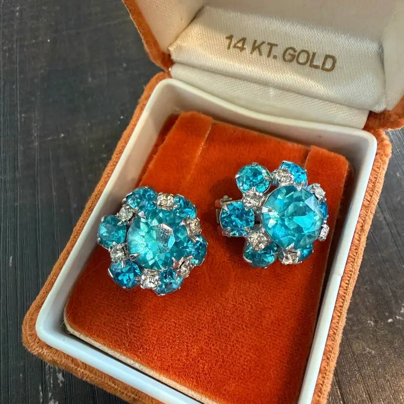 Blue Rhinestone Clip On Earrings