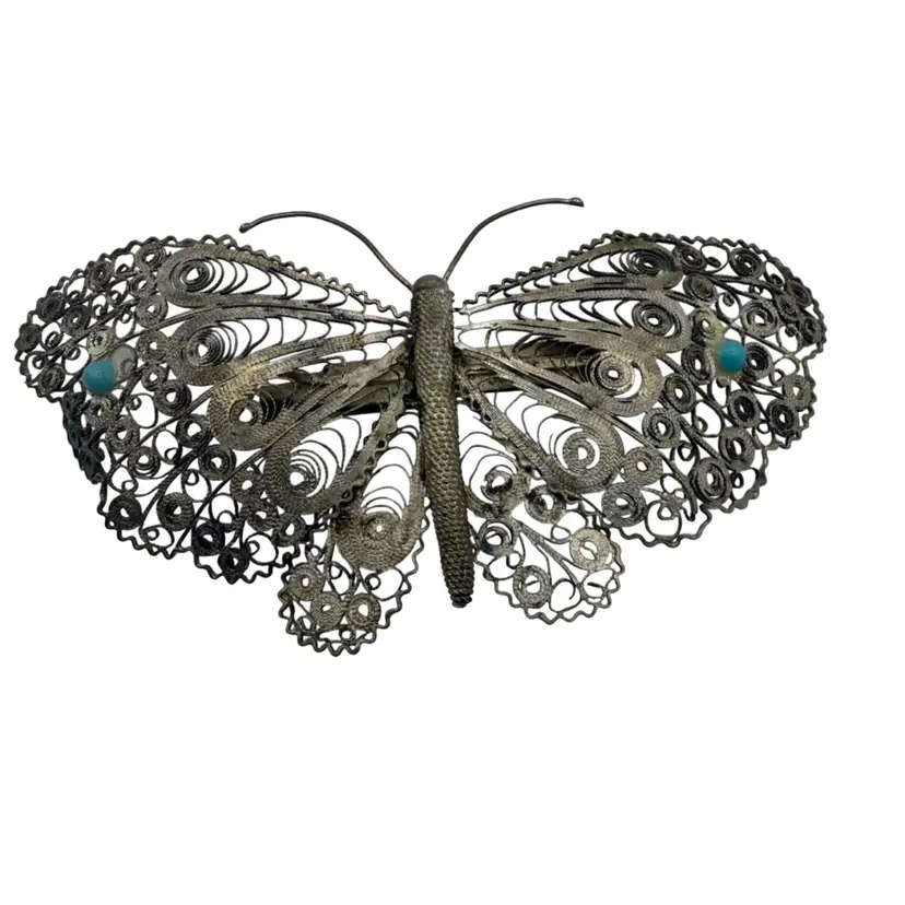 Early 20th Century Sterling Silver Filigree Butterfly Brooch with Turquoise Cabochons
