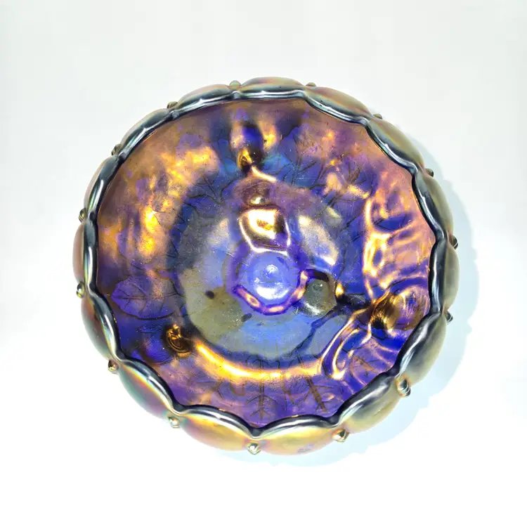 Northwood Carnival Glass Rose Bowl Footed Sapphire Blue Leaf and Bead Pattern Marked