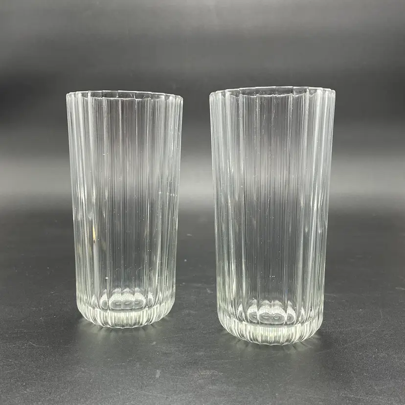 CXR3 by Corning Flat Iced Tea Glasses Clear Ribbed Made in Italy MCM Set of 2