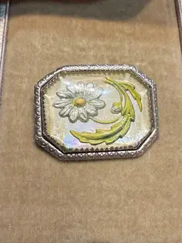 Vintage 1930s Goofus Glass Iridescent Daisy Brooch