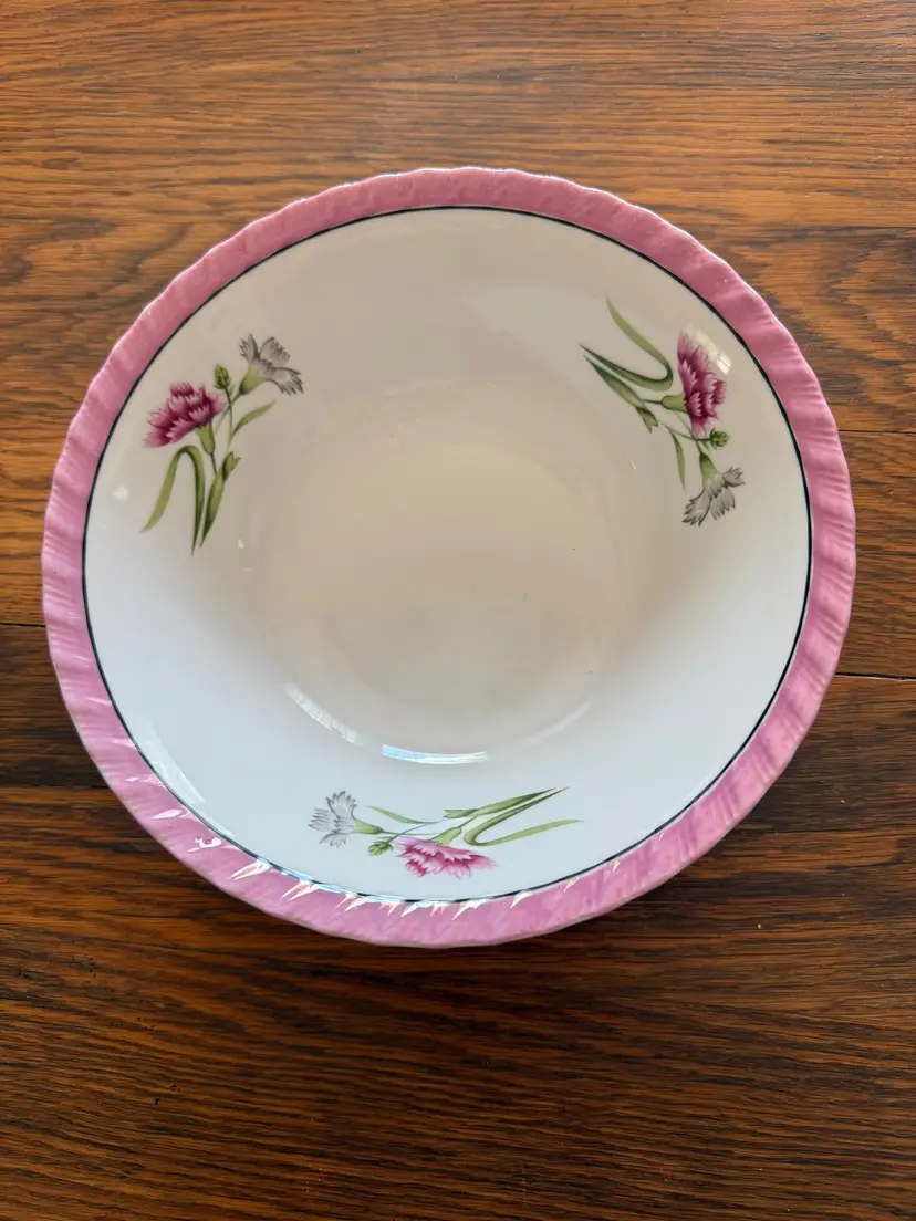 Vintage Japan Floral Serving Bowl – 9 Inch with Pink Rim & Carnation Design