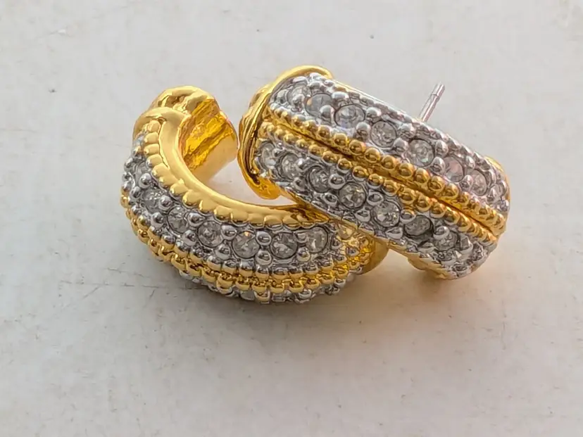 Vintage Gold and Silver Tone Rhinestone Hoop Pierced Earrings