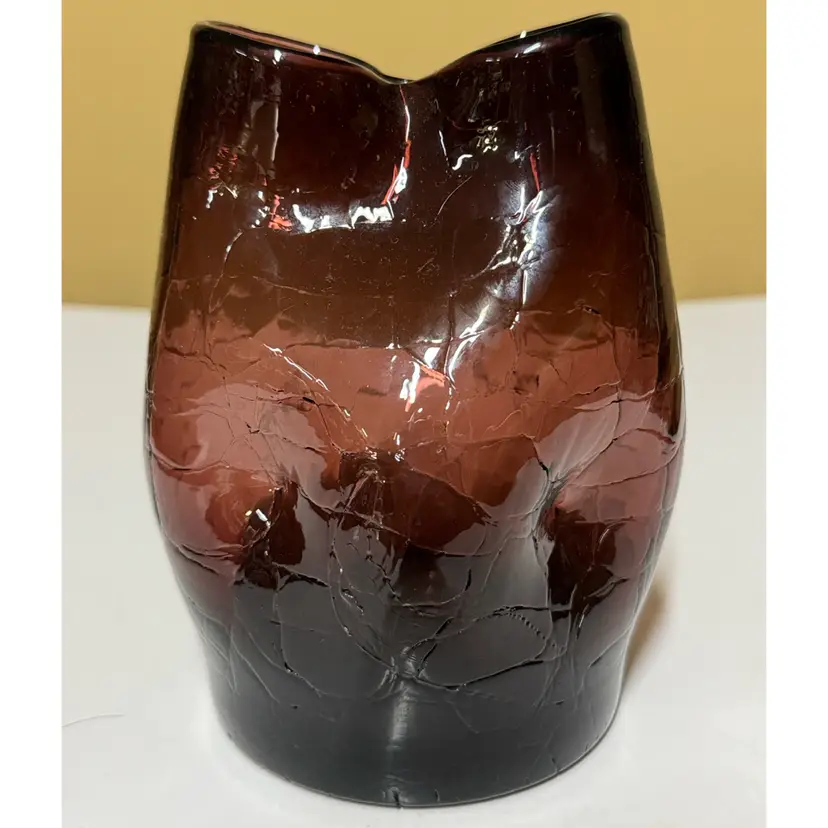 Bischoff Amethyst Blown Crackle Glass Pinched Double Spout Vase 5.5” tall