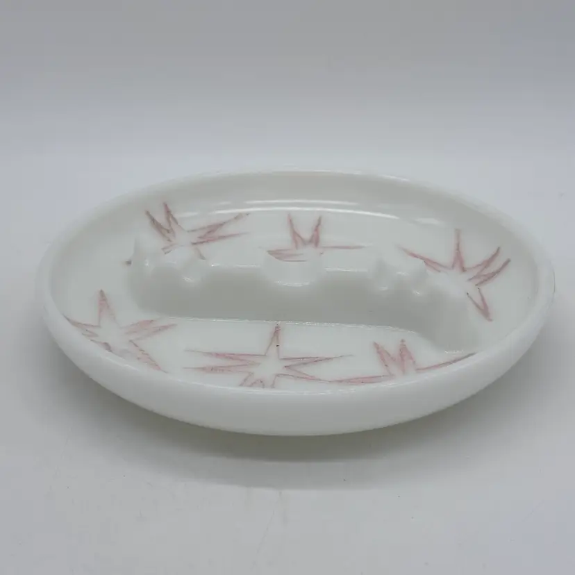 Milk Glass Vintage Table Ashtray With Hand Painted Pink Atomic Design