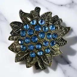 Vtg Little Nemo Blue Rhinestone Floral Brooch Pot Metal Art Deco Signed 1 3/4"