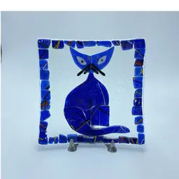 Blue Cat Kitty Kitten Mosaic Fused Art Glass Plate Bowl Vintage