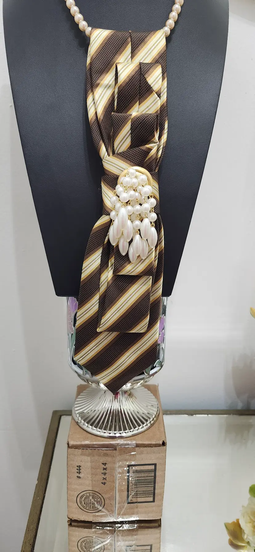 Upcycled  Vintage Pearl & Striped Tie Neckla with brooch. ce