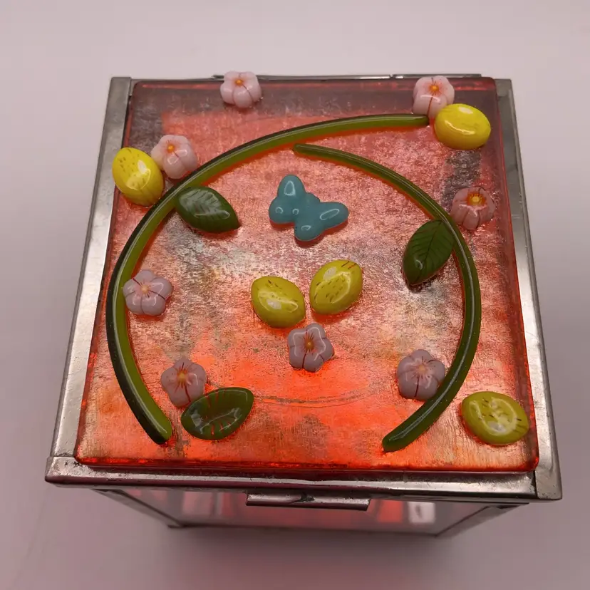Upcycled & Made by Me! Fused Glass Lemon Theme on Glass Trinket Box 3.25” x 2.5” x 2.5” Handcrafted Studio Art
