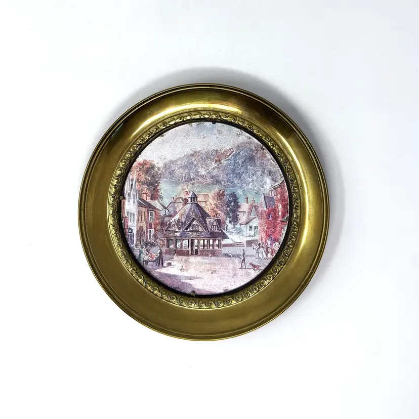 Solid Brass English Village Wall Plate Vintage Foil Art (0035-26)