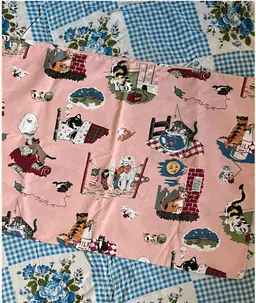 Vintage Kitten Pillowcase Pink with Nursery Rhyme scenes, cats throughout