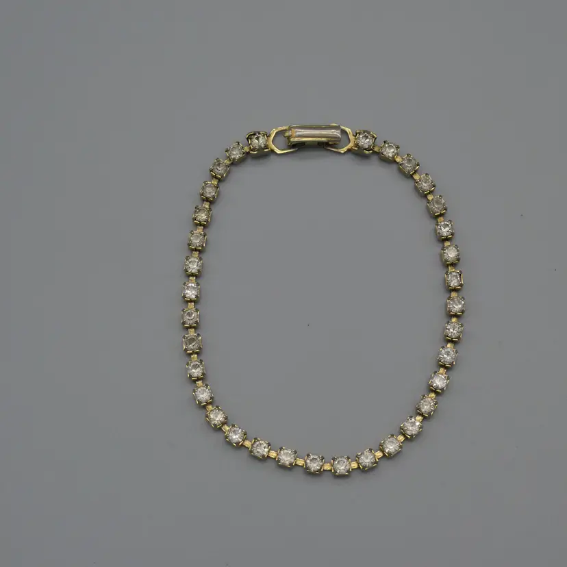 Vintage 50's Prong-Set Clear Rhinestone Tennis Bracelet Square Link Gold Tone 7.25"