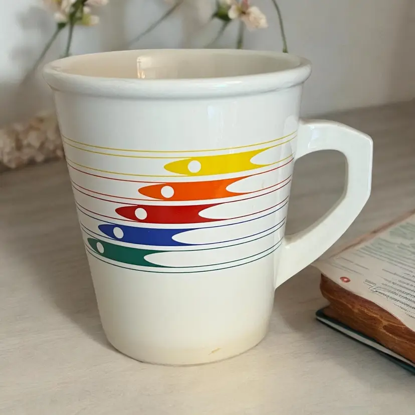 Vintage 1986 FTDA Retro Rainbow Arrow Rocket Coffee Mug Cup Retro Japan. Pride