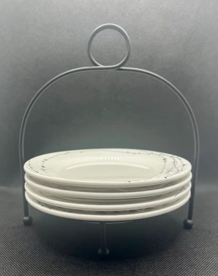 Set of 4 Ciroa Oiseau Black Bird on a Wire porcelain small plates with Metal Stand