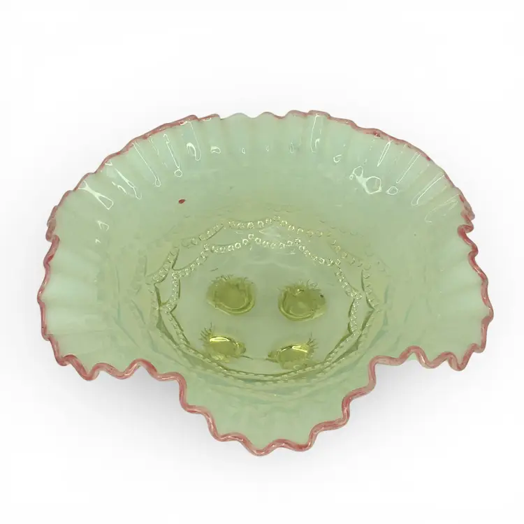Jefferson Glass Opalescent Uranium Footed Bowl Pink Ruffled Edge Beaded UV Glows