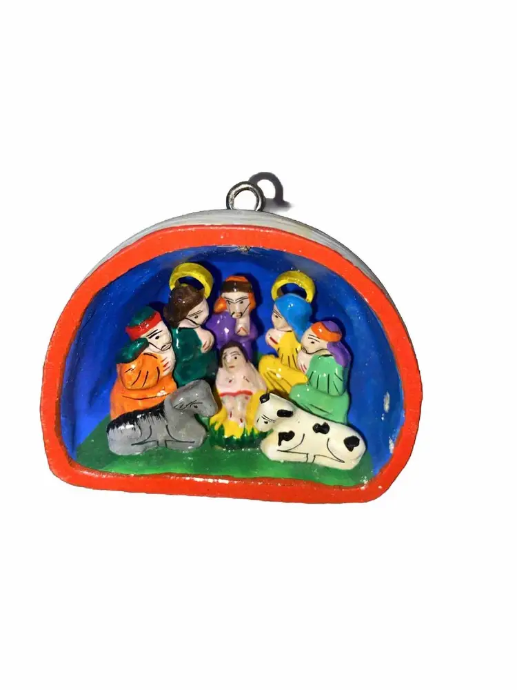 3D Nativity Scene In Santa Hat Hand Painted Folk Art Peru Christmas Ornament