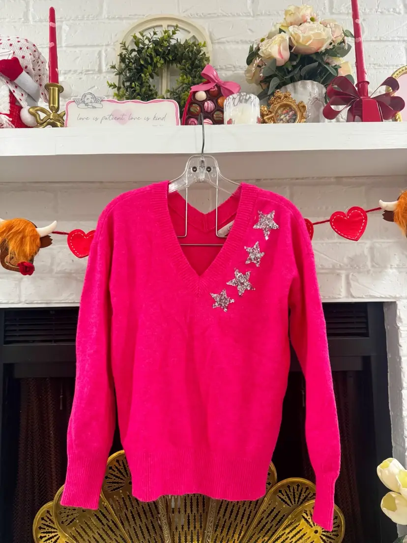 The Loft Hot Pink Sparkly Star Sweater XS