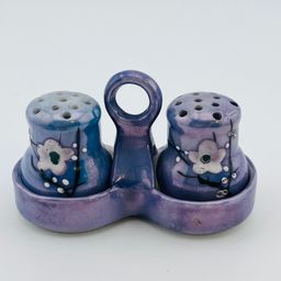 Vintage Made In Japan Purple Lustreware Mini Salt And Pepper Shakers With Holder 1.75”x 3” FF