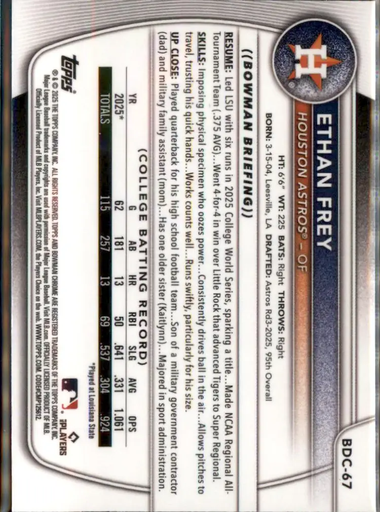 2025 Bowman Draft #BDC-67 Ethan Frey Chrome - (138) - Houston Astros