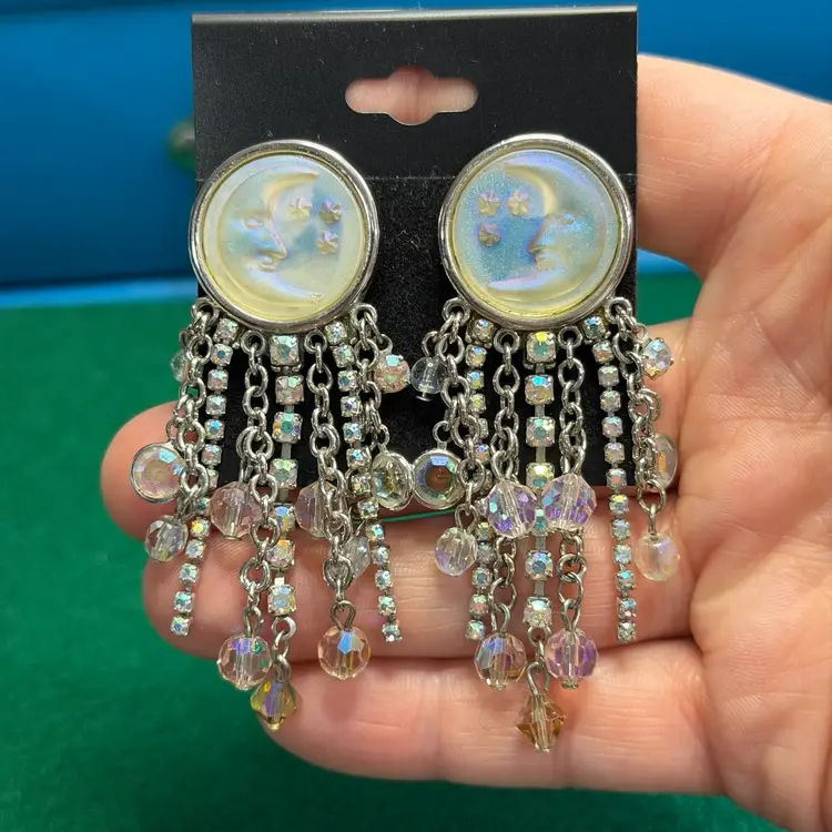 Kirk’s Folly Crescent Moon Face Earrings Pierced Rhinestone Dangle Fringe Iridescent Satin READ