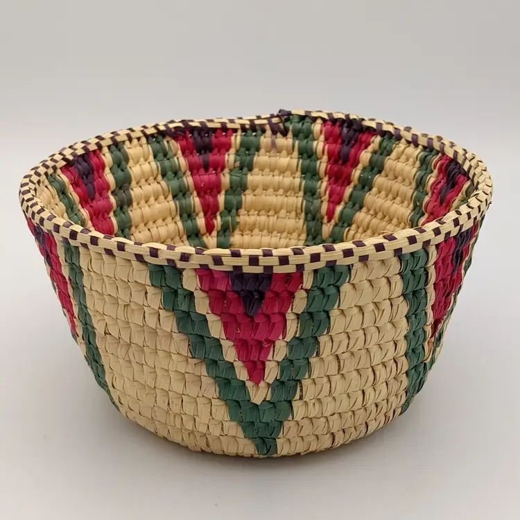 Boho Red Green Purple Woven Grass Straw Coil Natural Basket Bowl 6 in Round