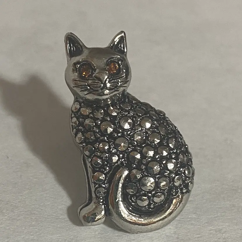 Cat Brooch Pin Silver Toned Metal Orange Eyes