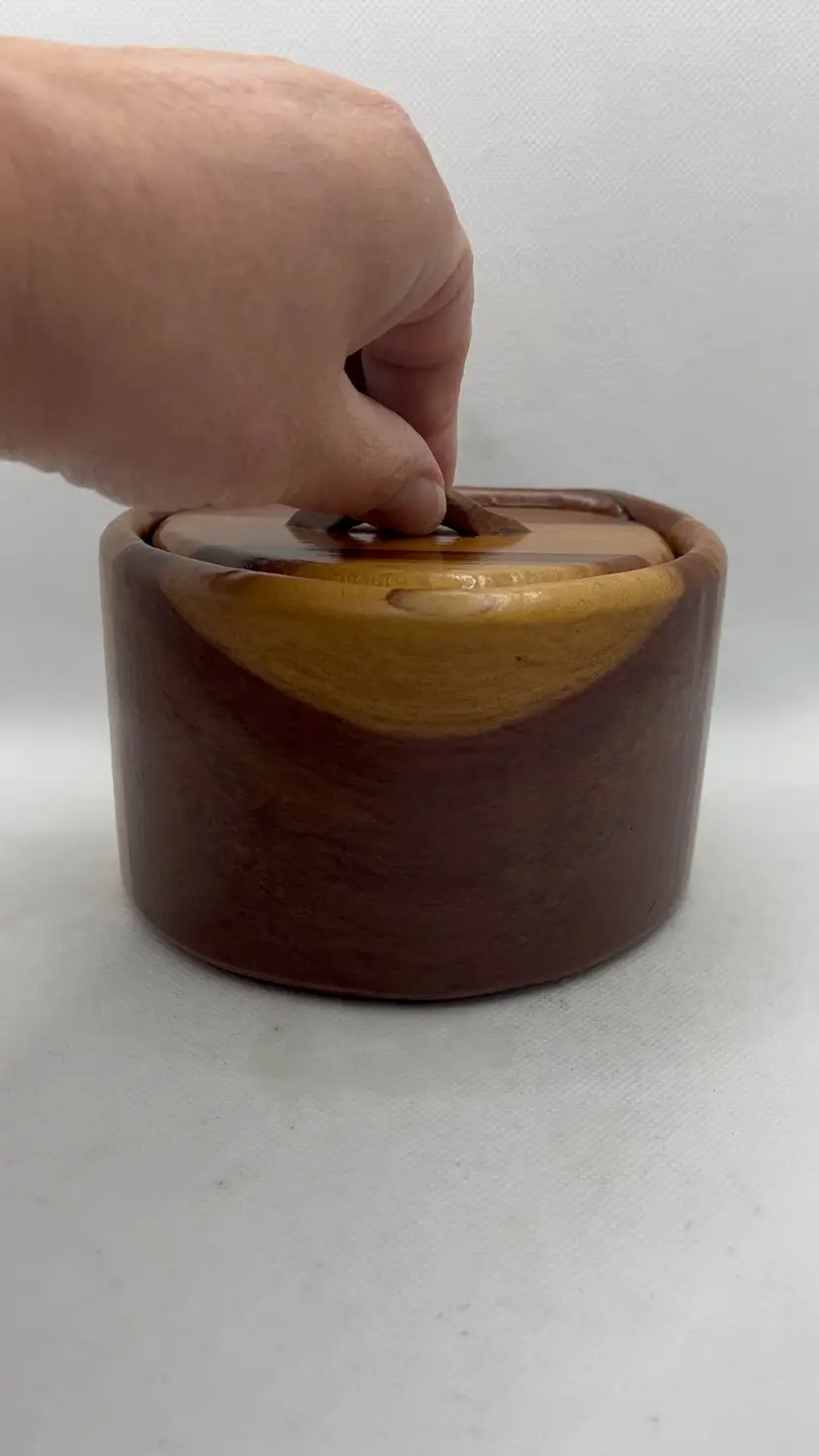 Vintage Wood Trinket Lidded Hidden Treasure Box Two Tone Top Handle Hand Carved