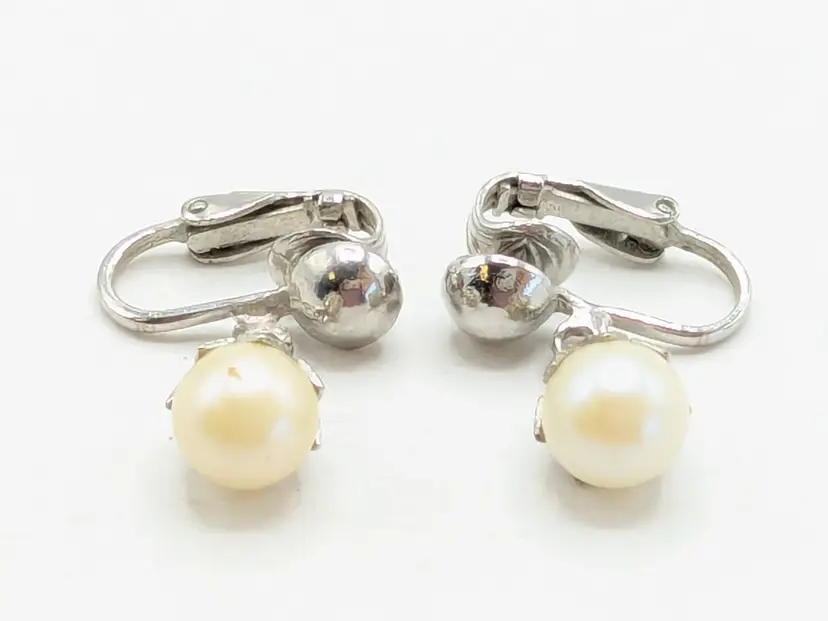 Silver Tone Faux Pearl Dangle Earrings Clip On