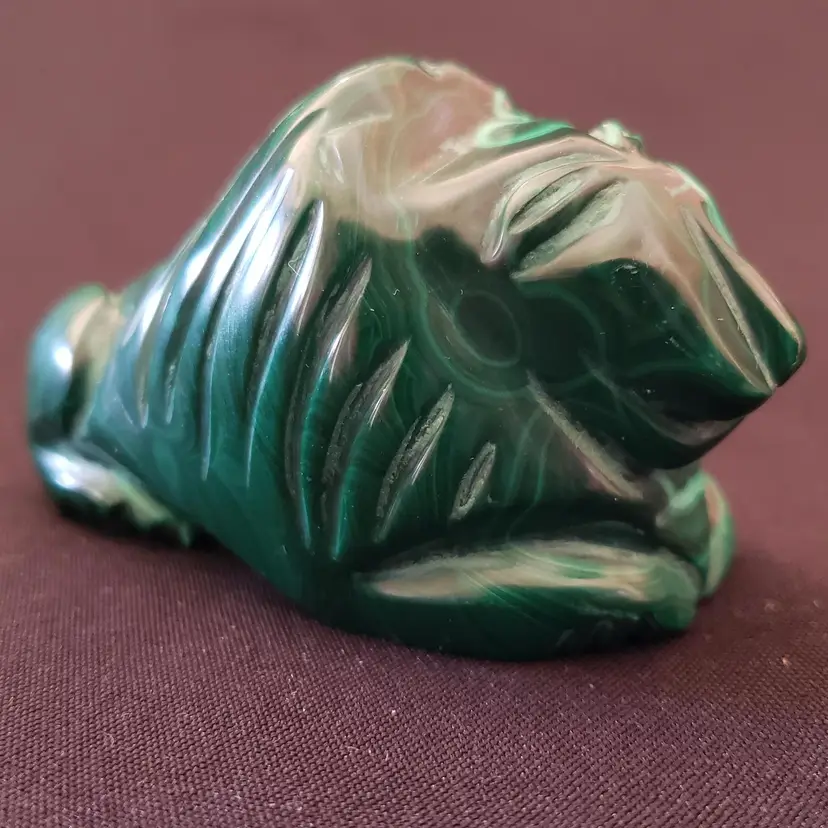 Green Lion Natural Malachite Hand Carved and Polished Stone 3½” Long with Drip Issue