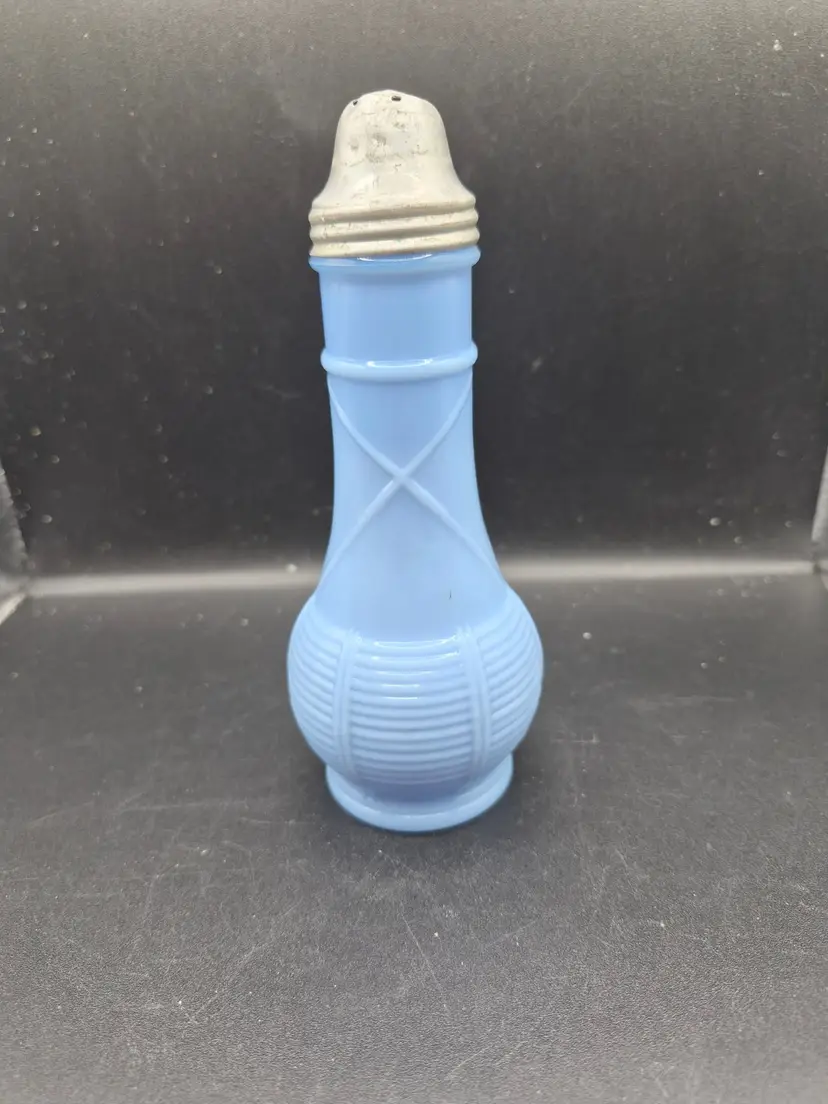 Jeannette Glass Company Delphite Blue Metal Lid Ribbed Crossed Design 6 In Tall