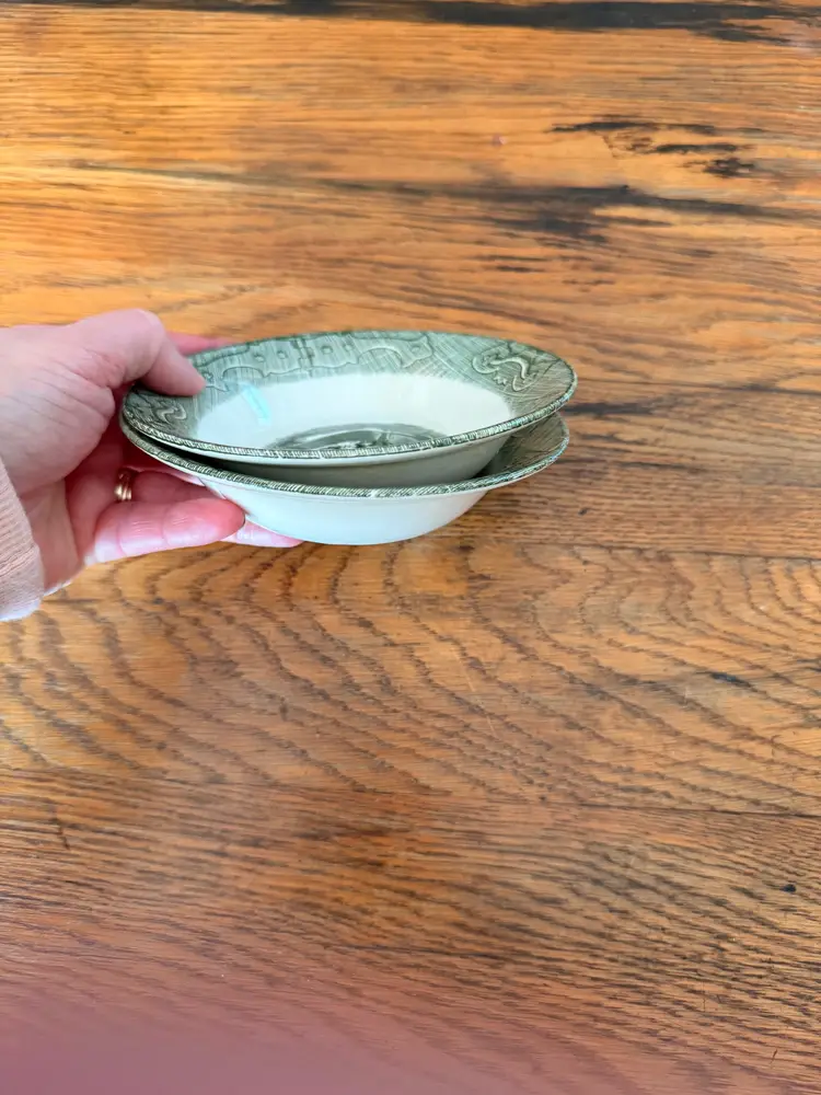 Vintage Royal China “The Old Curiosity Shop” Bowls | Dickens Storybook Green Transferware | 5.5” Dessert Bowls | Set of 2