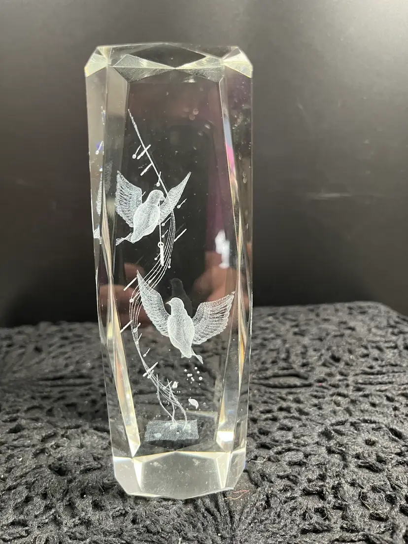 Absolutely Gorgeous Clear Crystal w/ Etching of Doves, One is Carrying a Heart. On Musical Staff with Notes