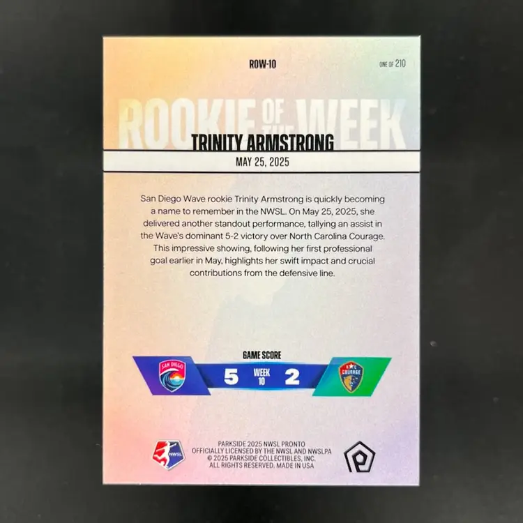 Trinity Armstrong 2025 NWSL Parkside Pronto Rookie Of The Week Subscriber Exclusive /210 Soccer Card #ROW10